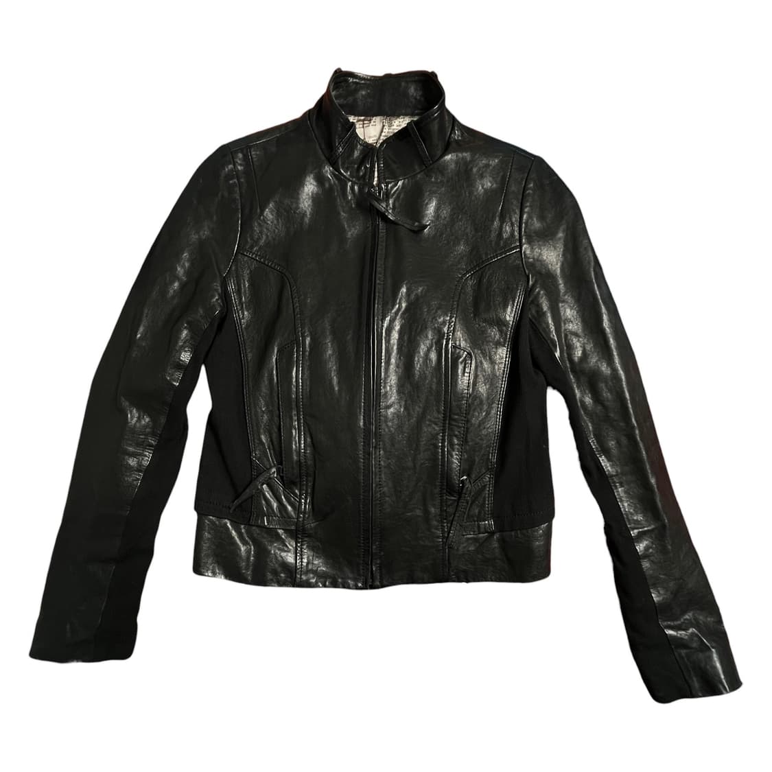 차이나 카라 니트 패널 가죽 자켓 상품이미지1