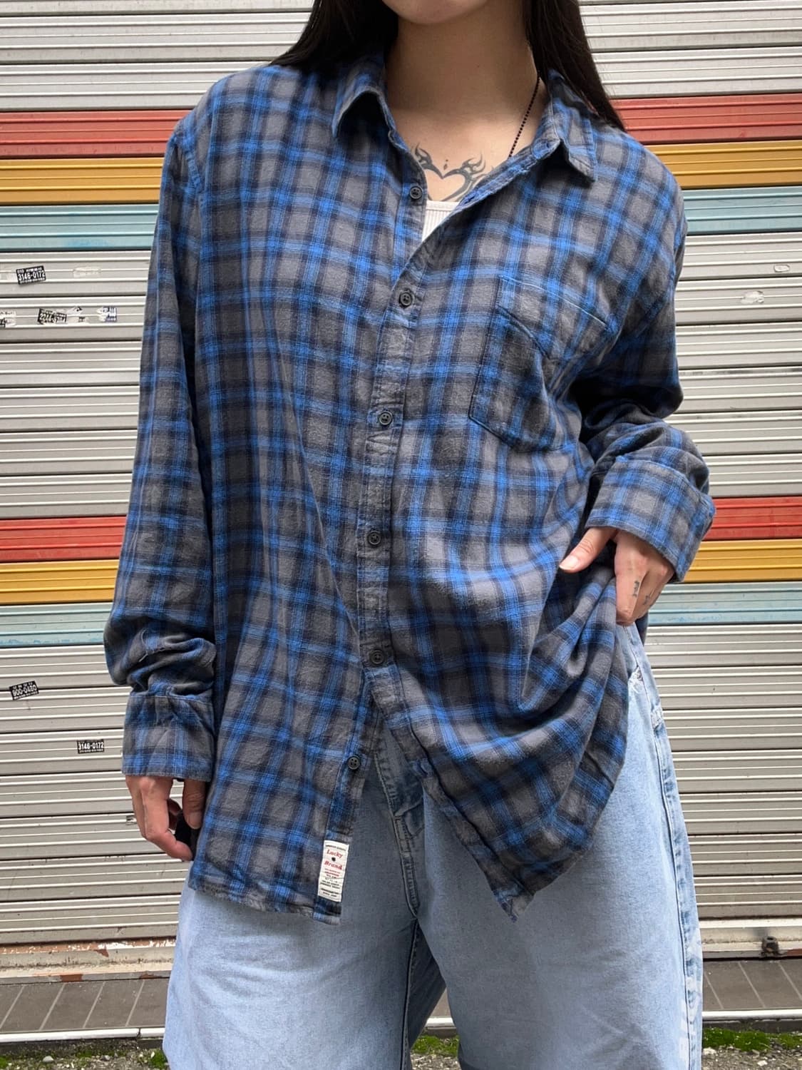 90s 빈티지 블루 플란넬 체크셔츠 상품이미지2