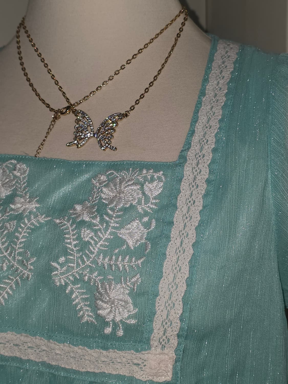 일본빈티지)민트모리걸 페어리계 레이스자수프릴퍼프 글리터 히메갸루 블라우스 상품이미지2