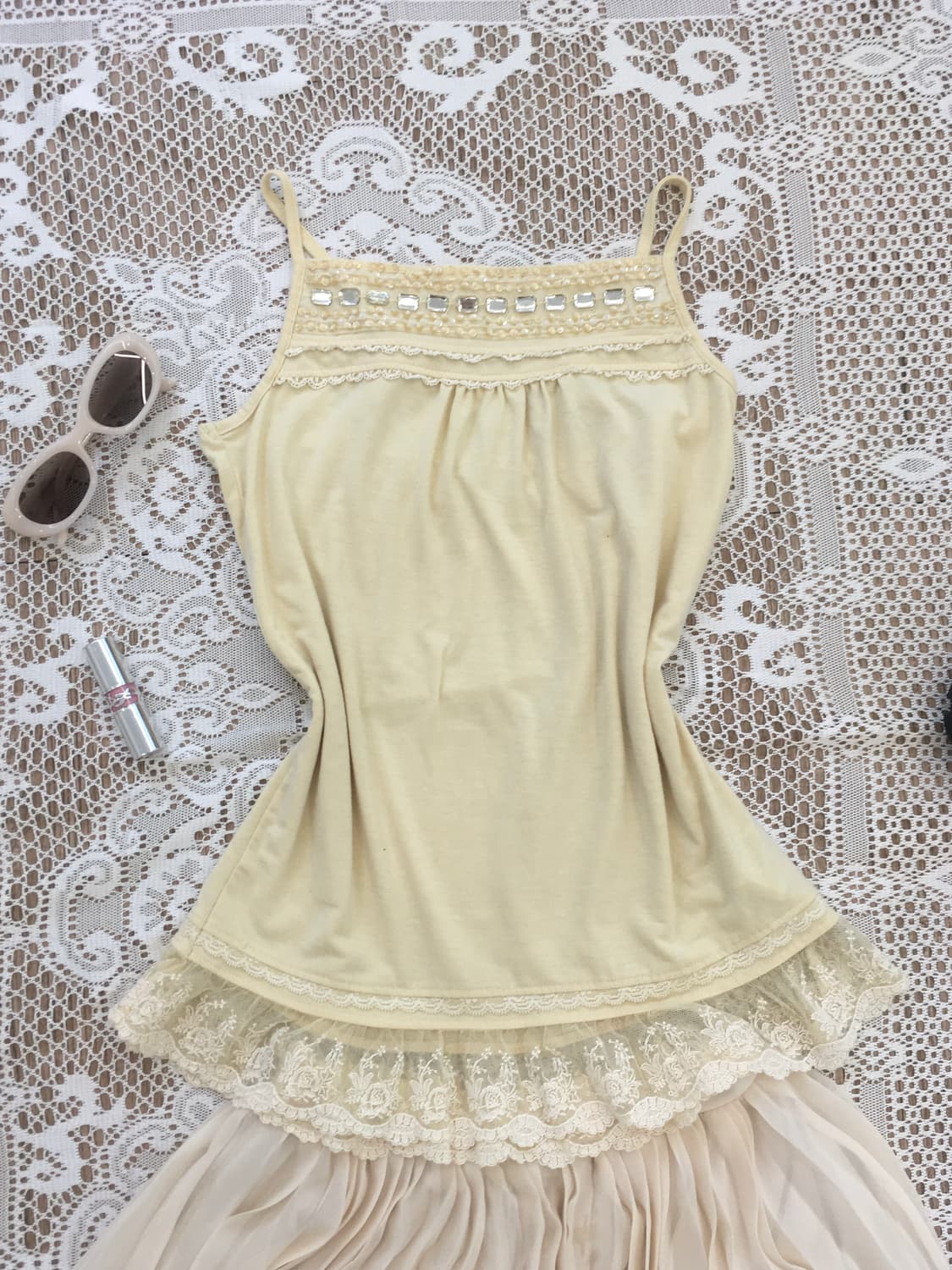 jpn vintage pale yellow lace beads sleev 상품이미지1