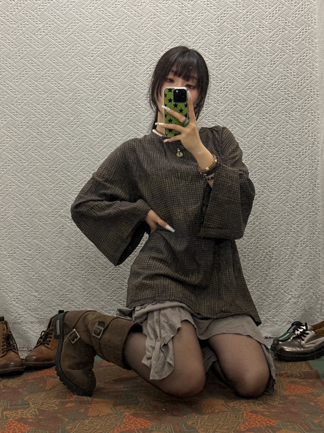 빈티지 펑크 타이다이 체크 아방핏 블라우스 긴팔티 K0123 상품이미지1