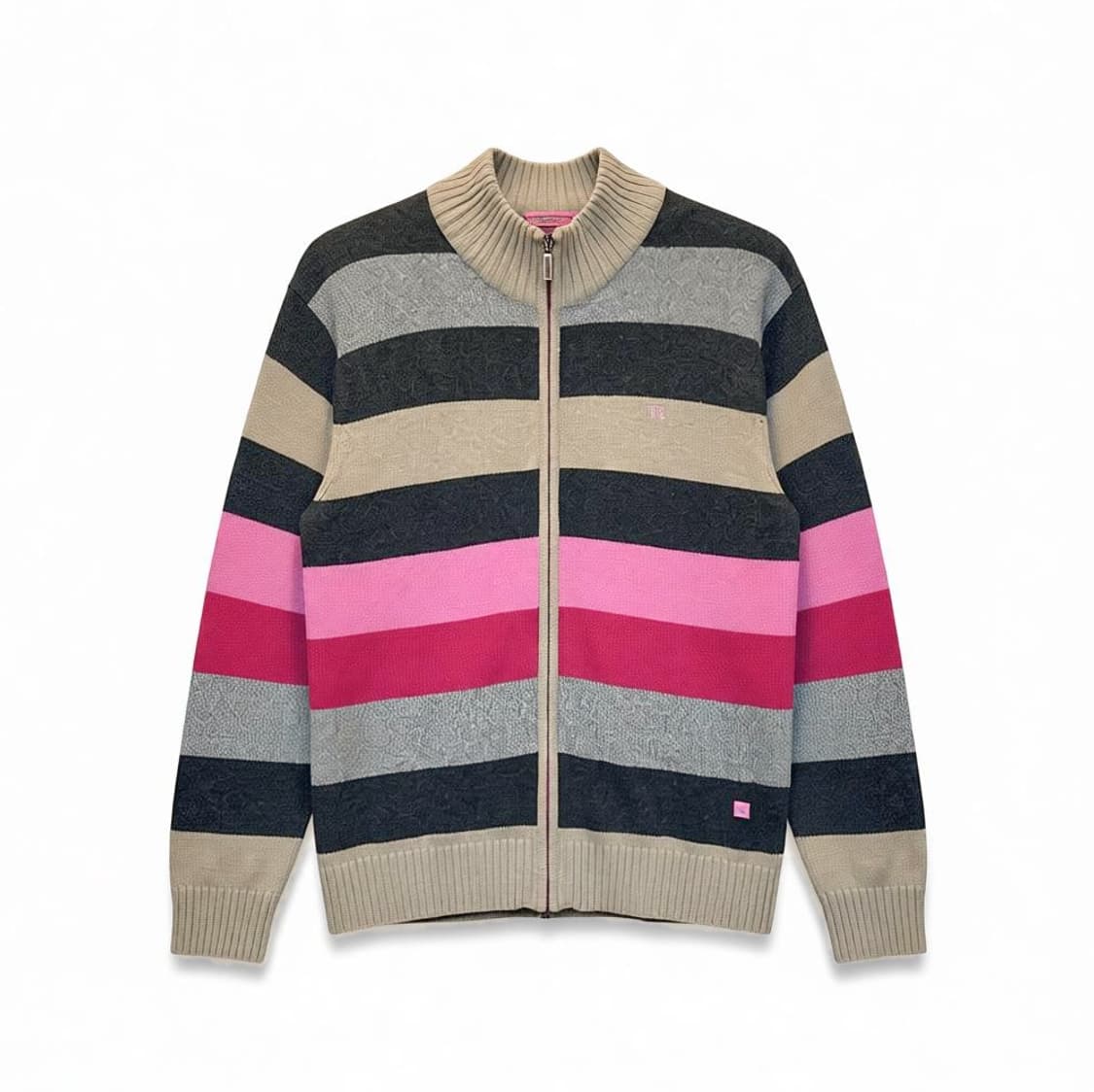 KR VINTAGE 집업 니트 배색 스트라이프 디테일 차콜 핑크 상품이미지1