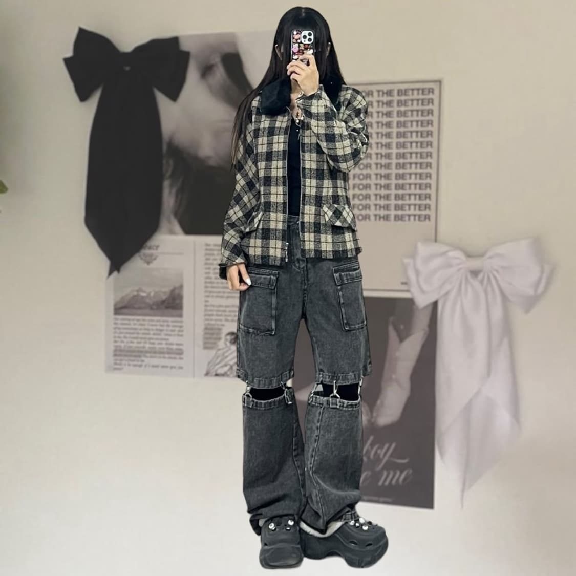 퍼 탈부착 체크 트위드 자켓 상품이미지1