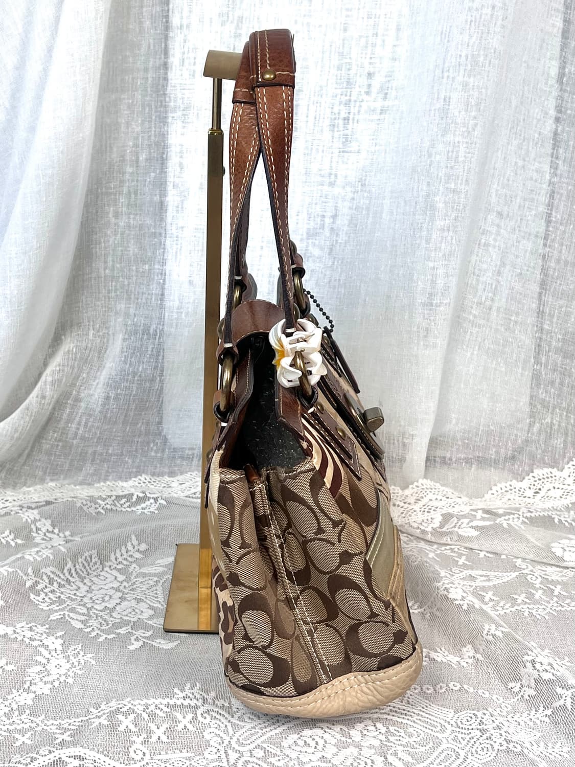 90s coach 패치워크 시그니처 호피 브라운 레더 캔버스 토트백 상품이미지6