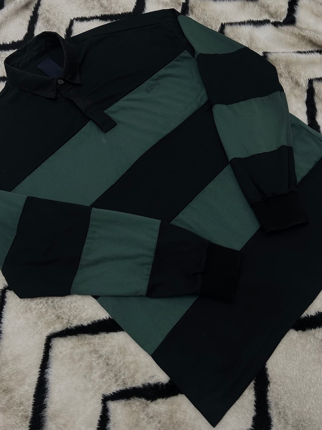 [실측XL]준지 오버핏 스트라이프 폴로 긴팔/그린블랙/오염 상품이미지3