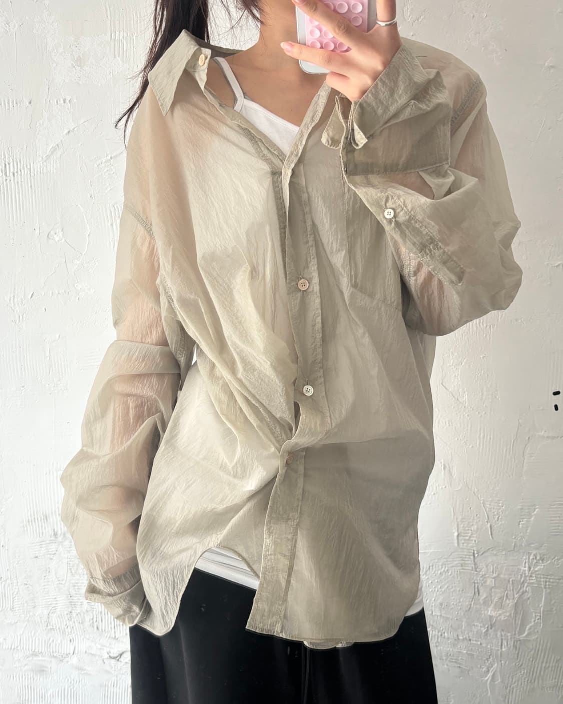 Satur 세터 2-way 사르노 시어 시스루 셔츠 그레이지베이지컬러 상품이미지2