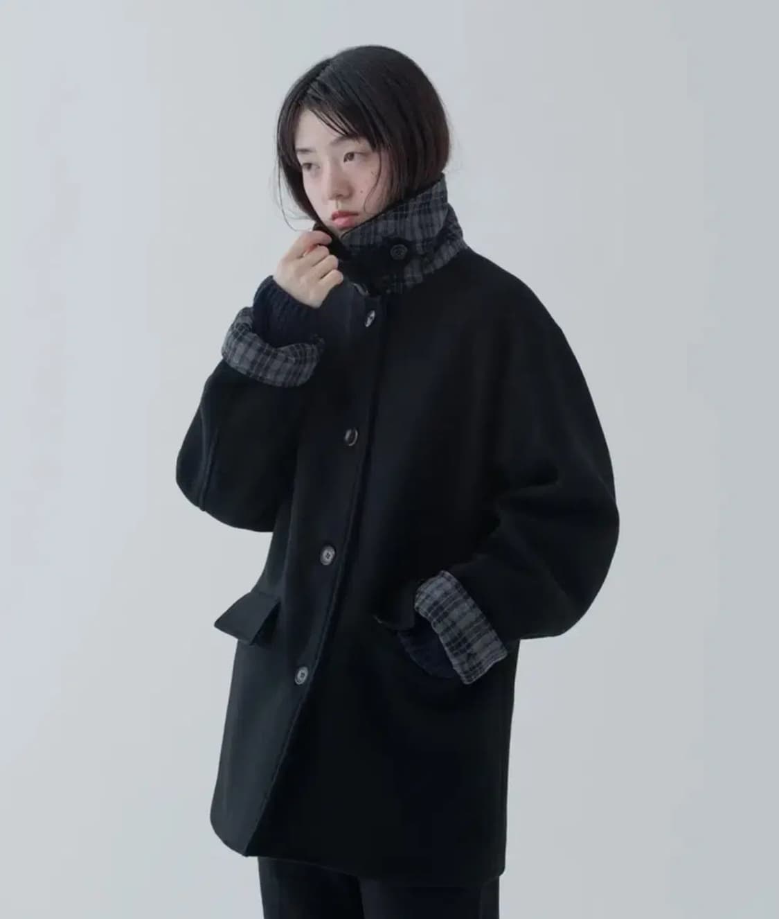 오헤시오 코트 블랙 check half wool coat 상품이미지4