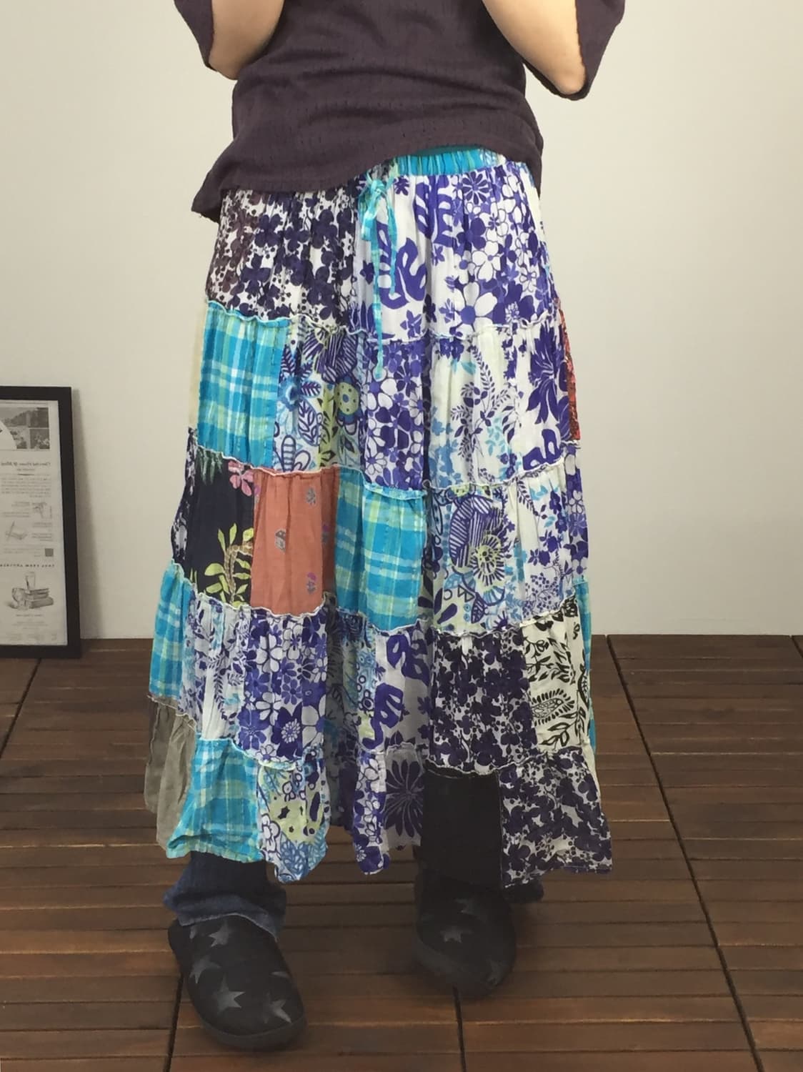 Jpn Blue Floral Patchwork Tiered Skirt 상품이미지1