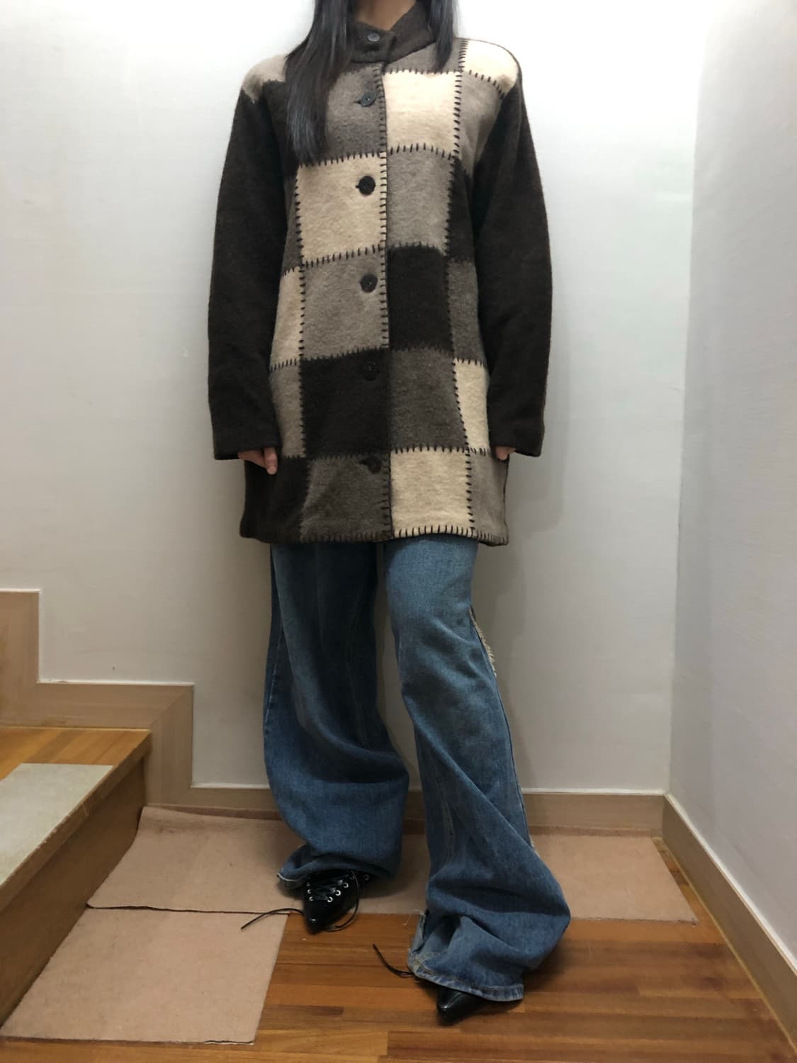 빈티지 브라운 울 패치워크 하프 코트 상품이미지4