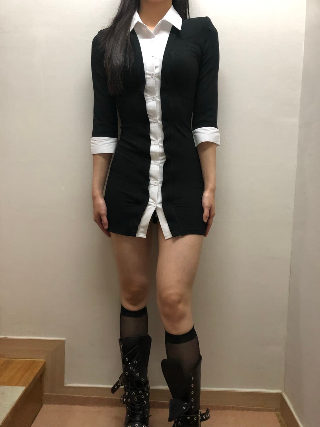 빈티지 블랙 앤 화이트 셔츠 레이어드 원피스 상품이미지2