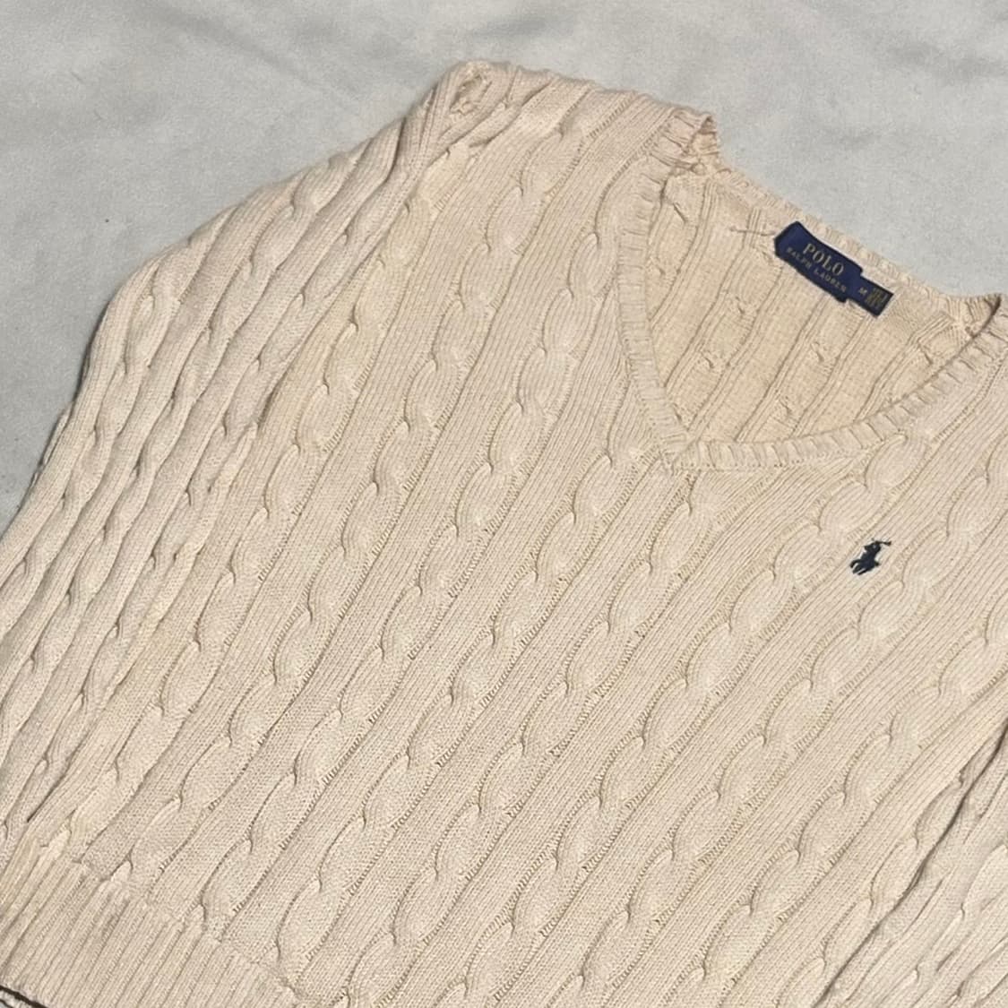 M 폴로랄프로렌 여성용 브이넥 오트밀 케이블 니트  상품이미지1