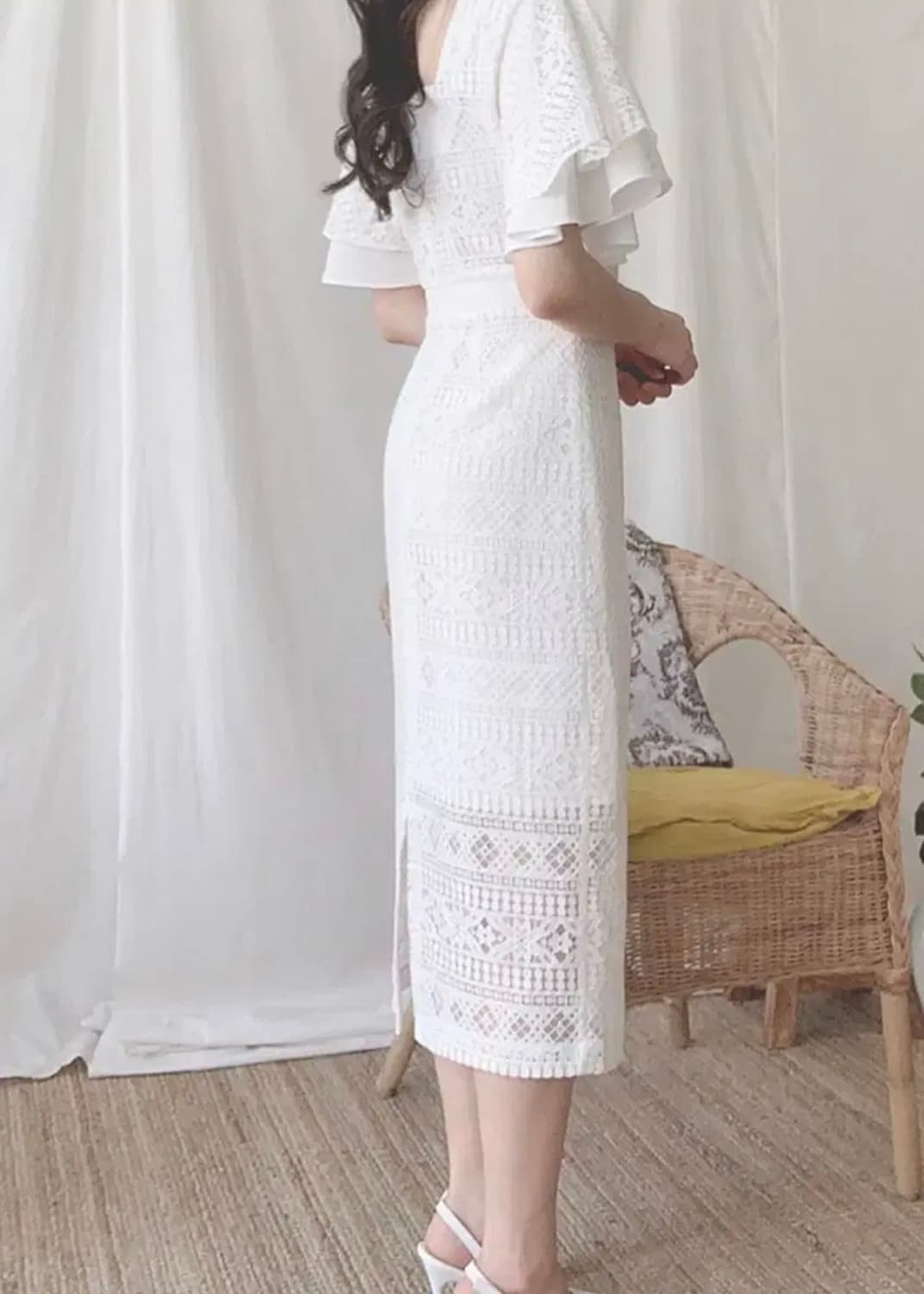 레이스 러플 반팔 시스루 슬림 화이트 롱원피스 브라이덜샤워 웨딩드레스 상품이미지3