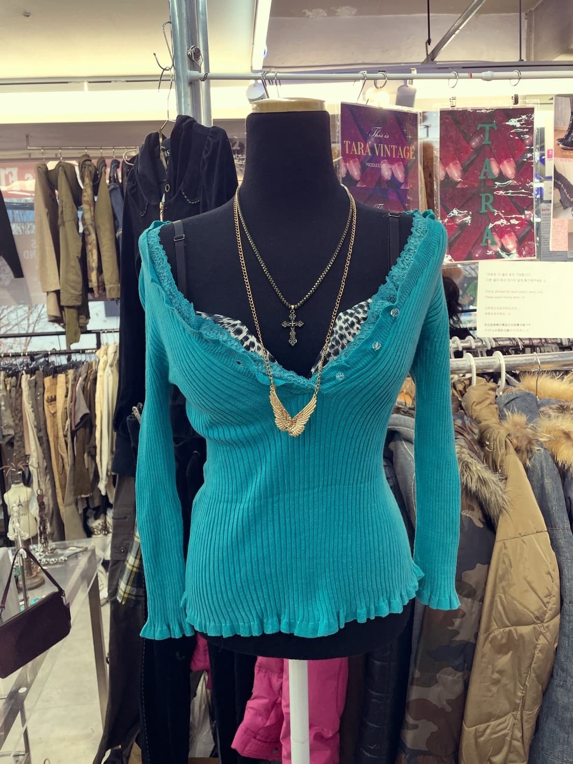 갸루 민트 골지 니트 상품이미지1