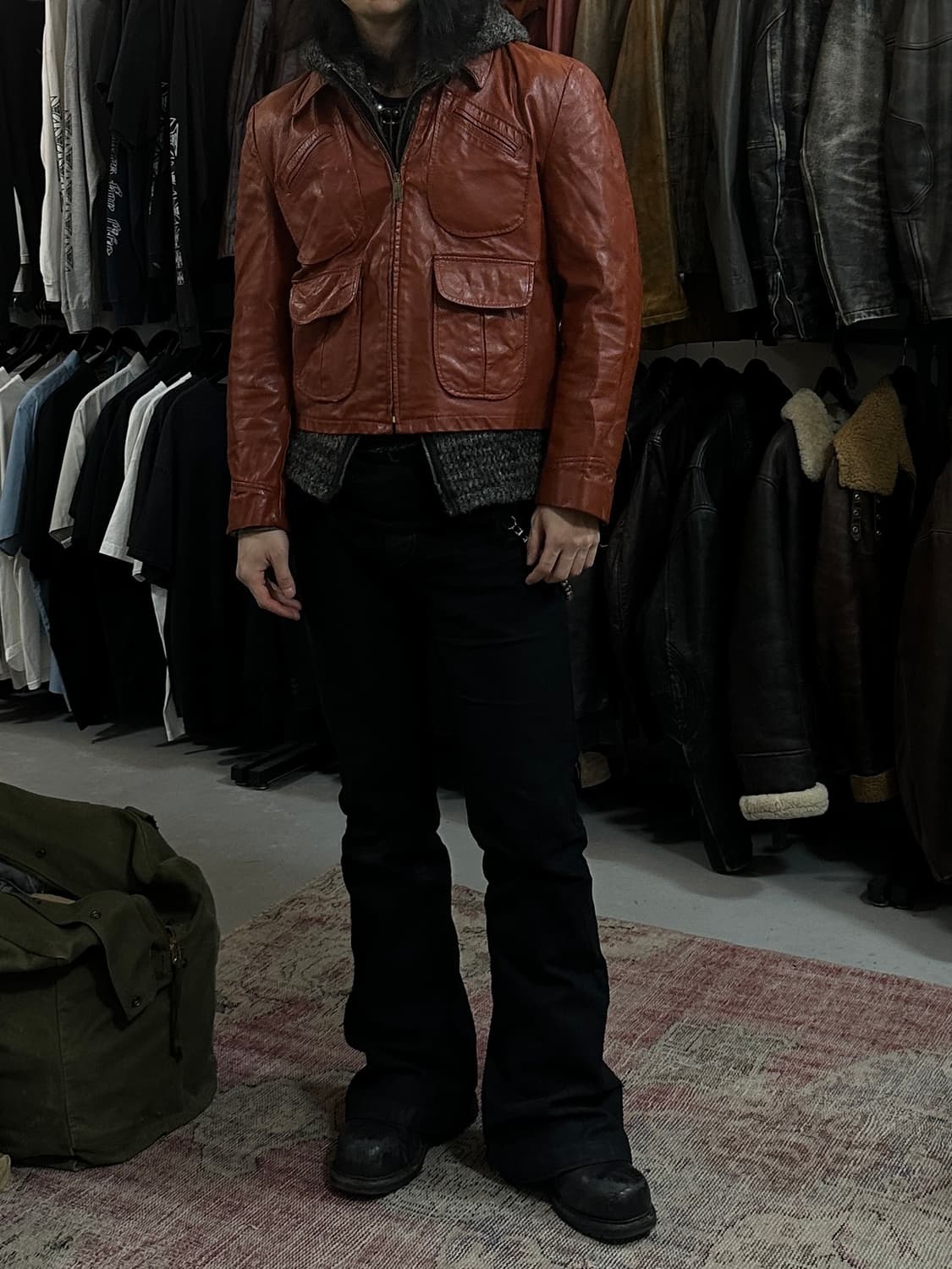 80's 빈티지 오렌지 레더 크롭 자켓 빈티지 가죽자켓 상품이미지3