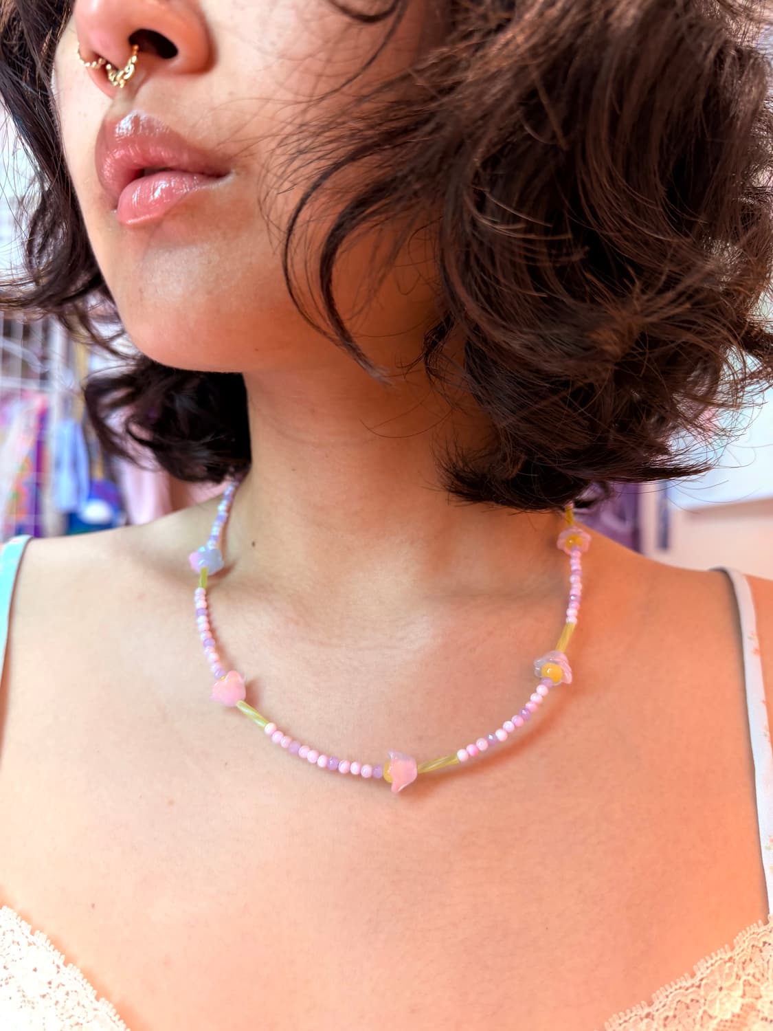 핸드메이드🌷봄꽃(바이올렛)비즈 목걸이 상품이미지1