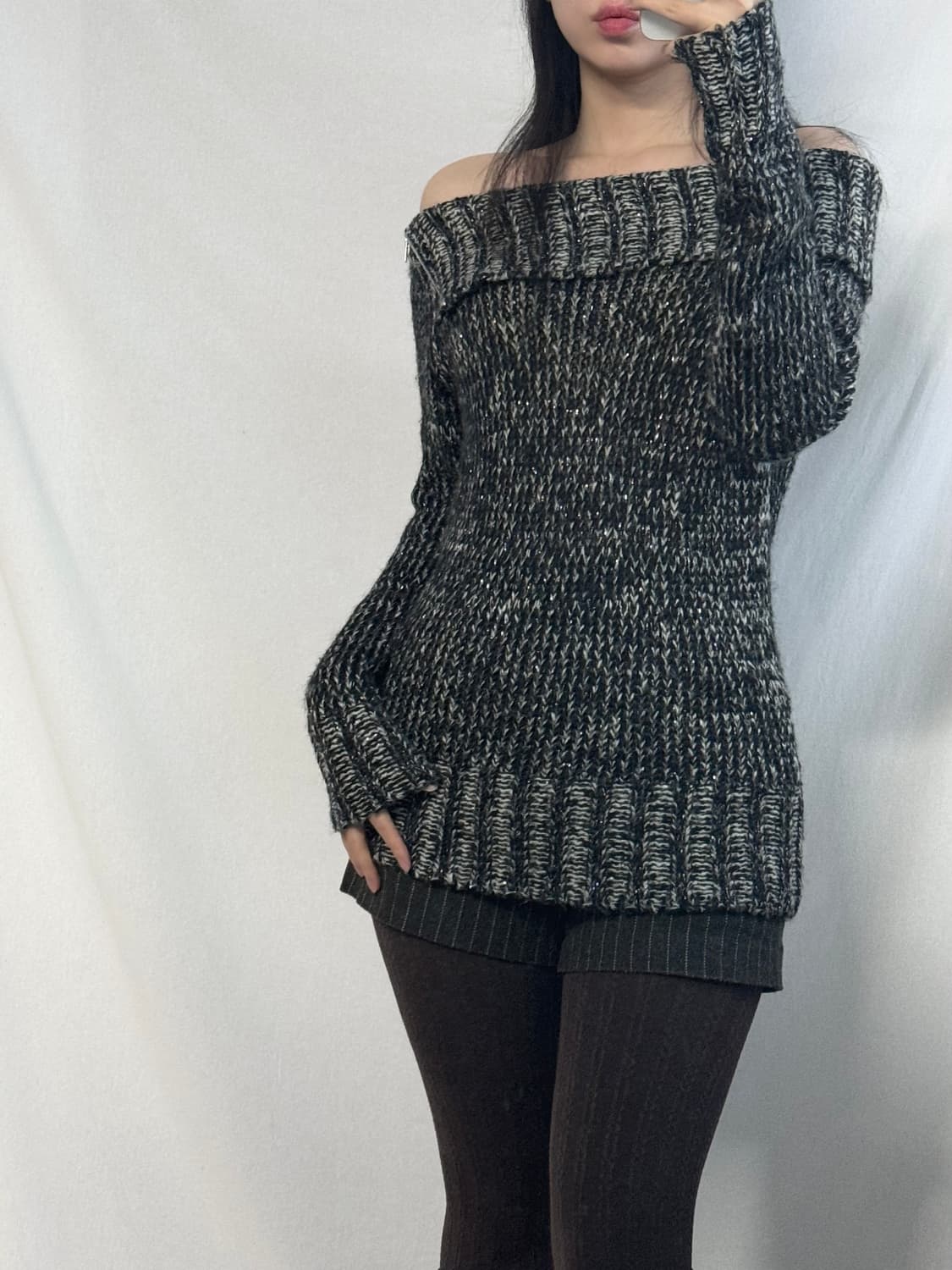 넥 지퍼 오프숄더 니트 울 쇼츠 2pcs SET 상품이미지2