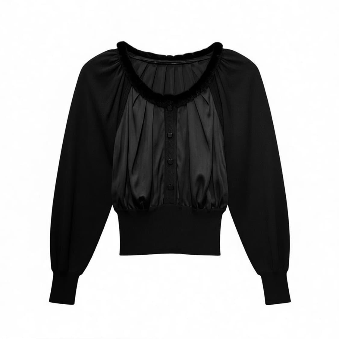 KR VINTAGE 크롭 니트 퍼카라 새틴 믹스 셔링 디테일 블랙 상품이미지1