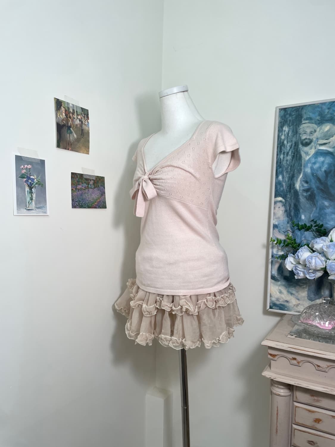 FEROUX milky pink bow crochet knit top 상품이미지2