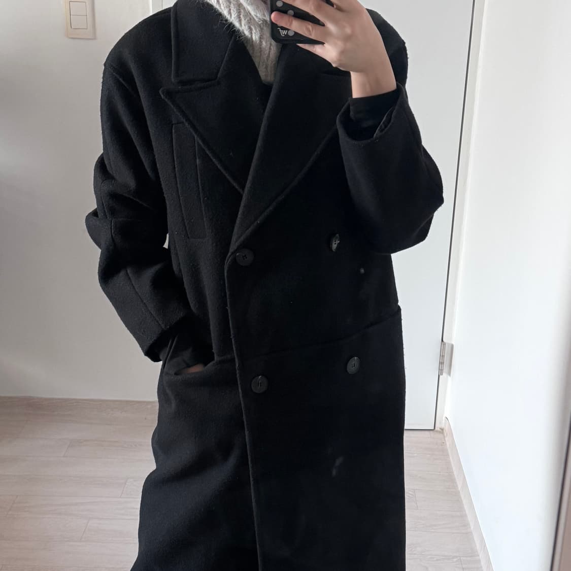 Vintage 블랙 더블 울 모직 롱 코트 (실착샷 O) 상품이미지8