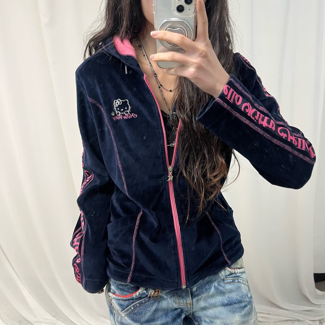 Hello Kitty Navy Velour Hoodie Zip-up 상품이미지3