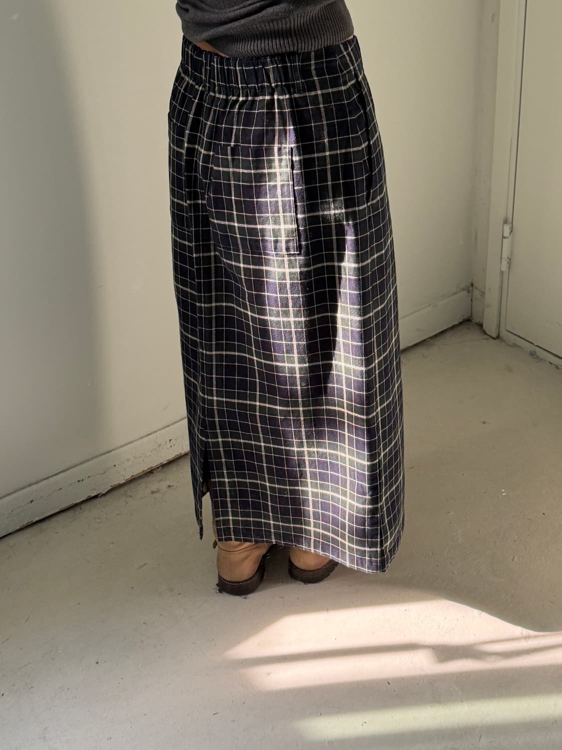 일본빈티지 그린네이비 체크 롱스커트  상품이미지4