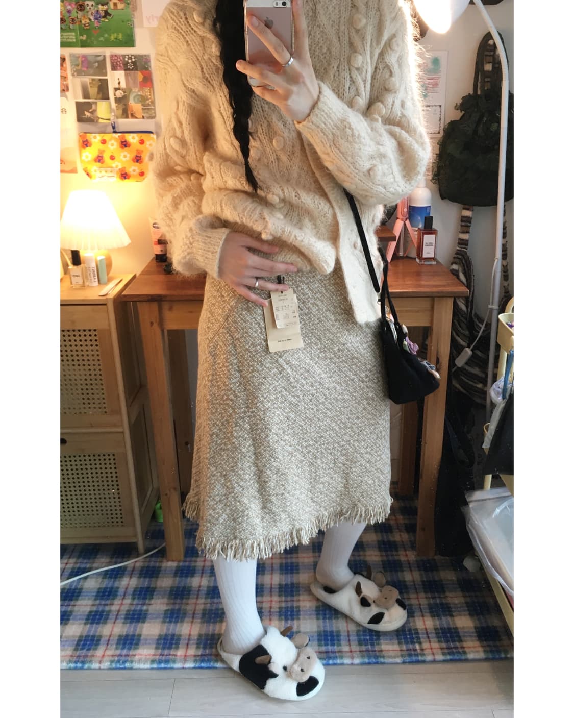 VINTAGE TWEED FRINGE MIDI SKIRT BEIGE  상품이미지1