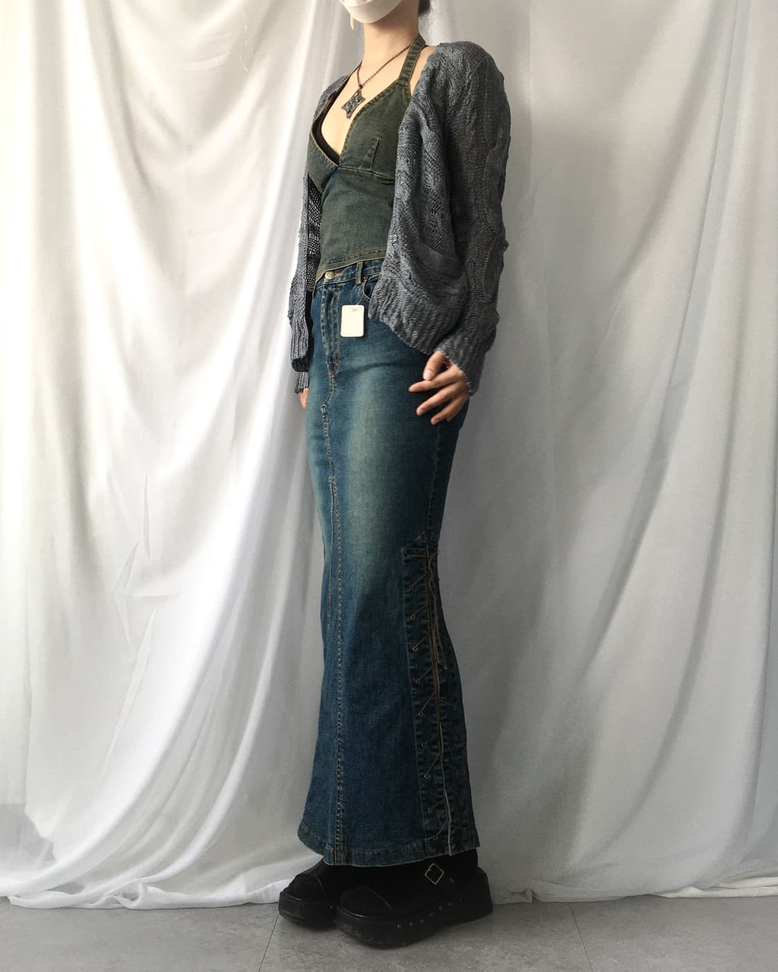 Side lace up point denim long skirt 상품이미지7