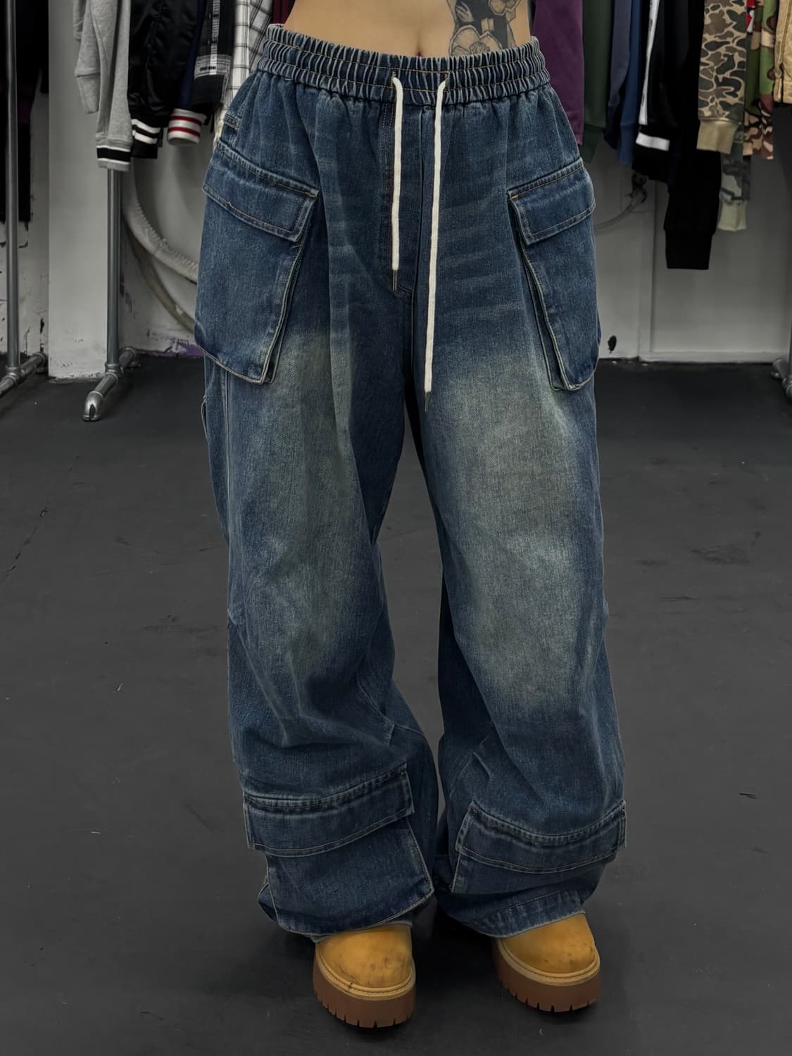 밴딩 와이드 데님 카고팬츠 상품이미지1