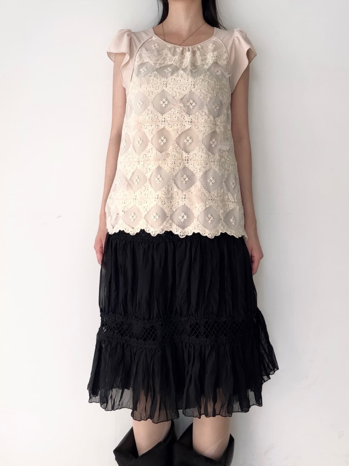 Embroidery slit net mix skirt 상품이미지7