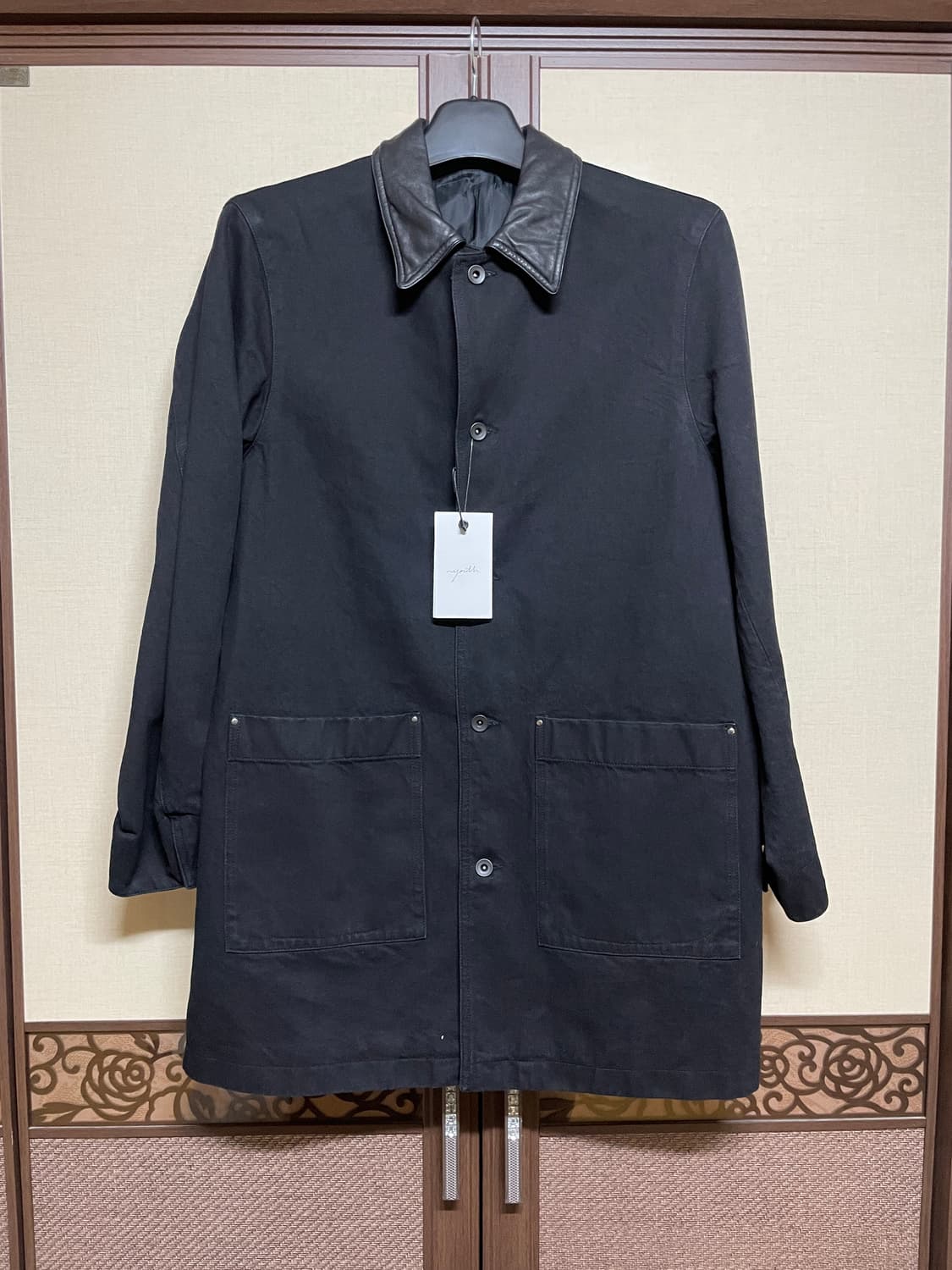 유스 데님 레더 카라 하프 코트 상품이미지1