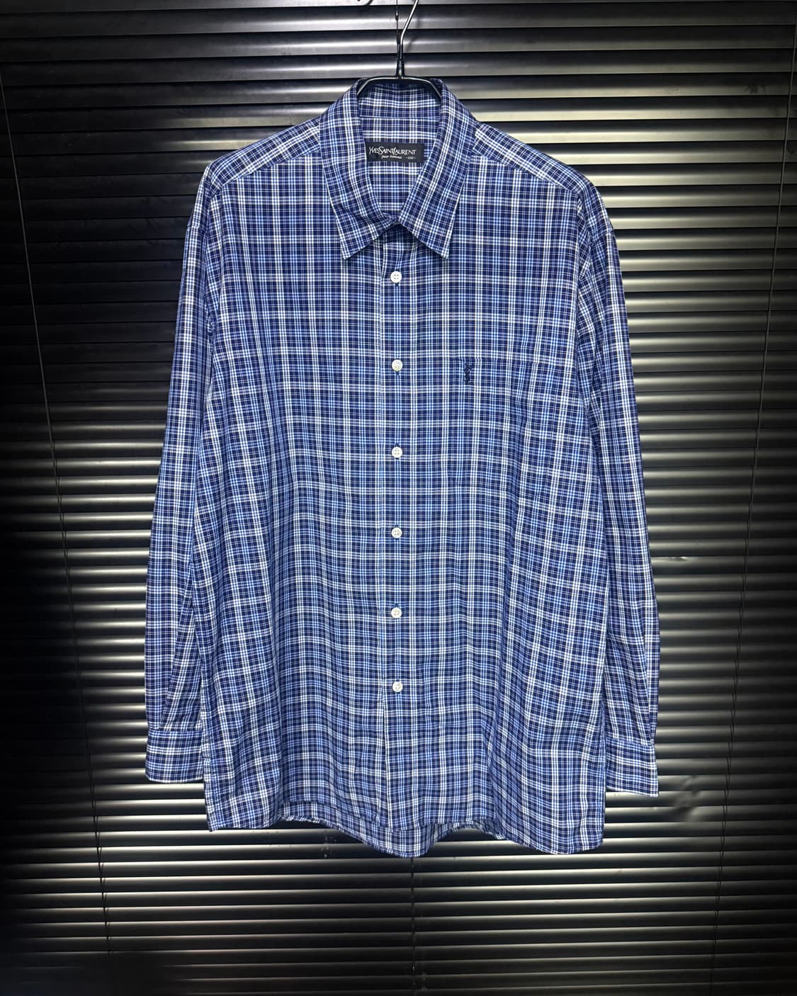 입생로랑 블루 파랑 하늘색 네이비 남색 체크 셔츠 100 L 명품 빈티지 상품이미지3