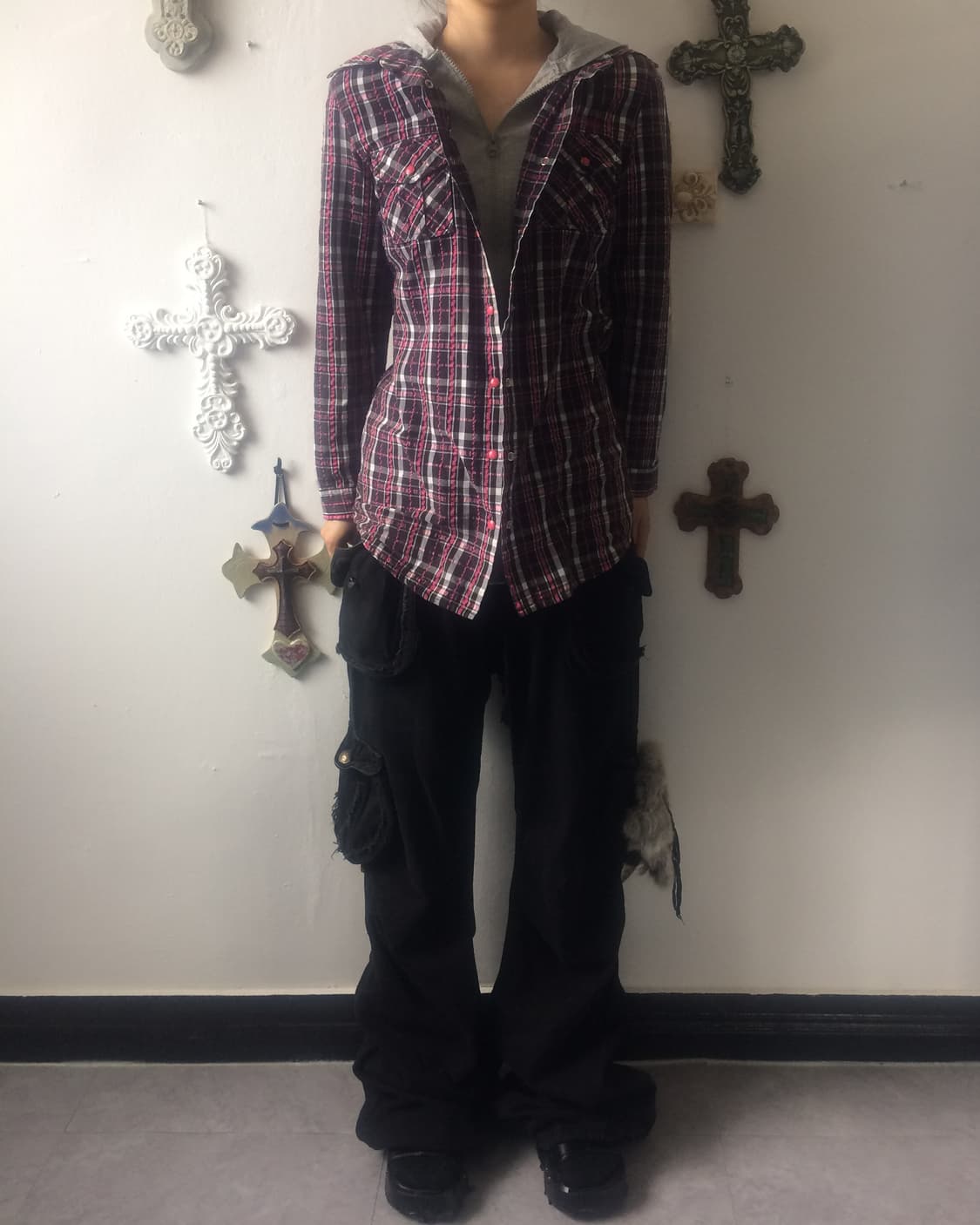 Hood layered check pattern shirt 상품이미지6