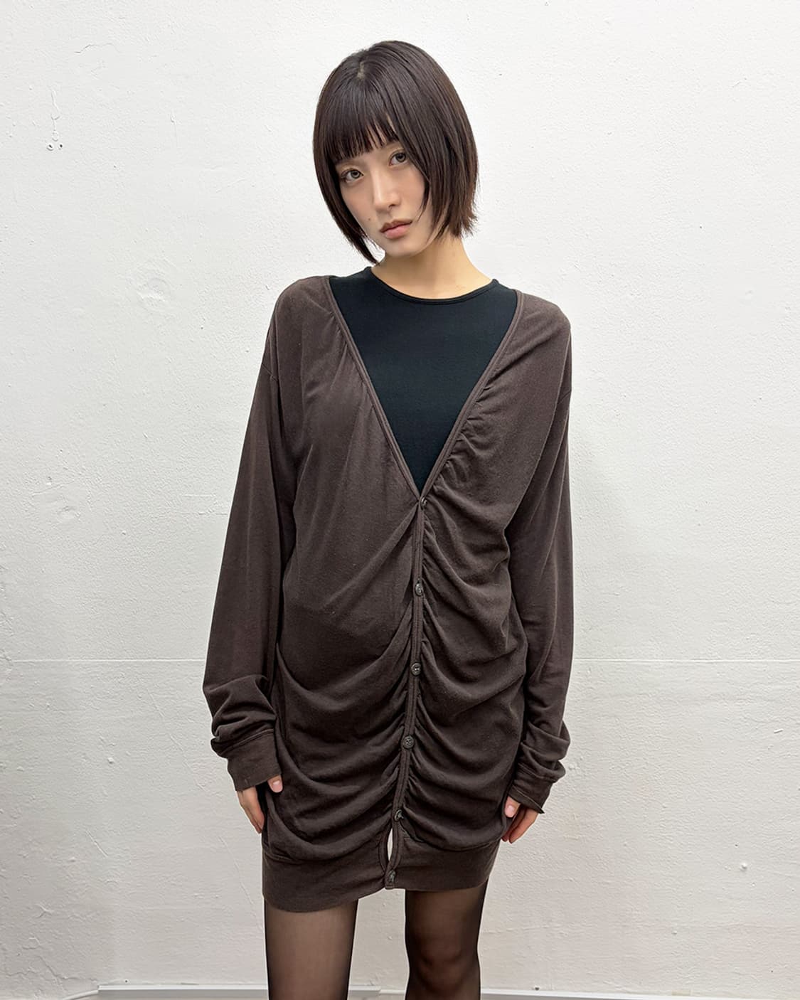 고므 개더 디테일 롱 가디건 상품이미지1