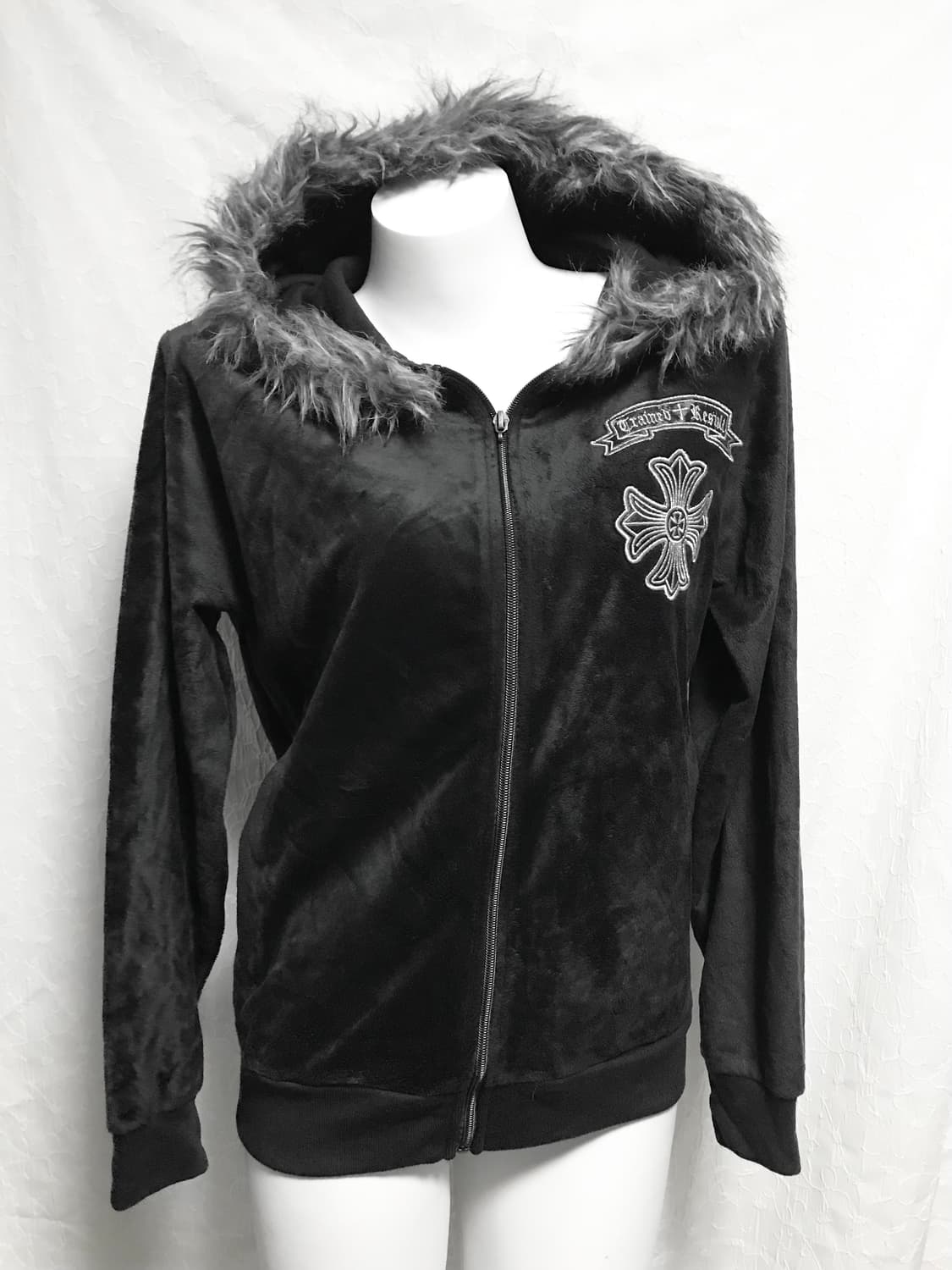 빈티지 펑크 크롬깔 벨벳 퍼 후드 집업 상품이미지3