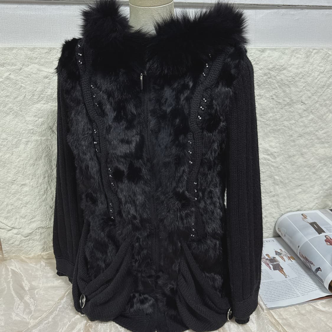 빈티지 고딕 폭스퍼 후드 양두지퍼 토끼털 큐빅 단추 니트자켓 후드집업 상품이미지1