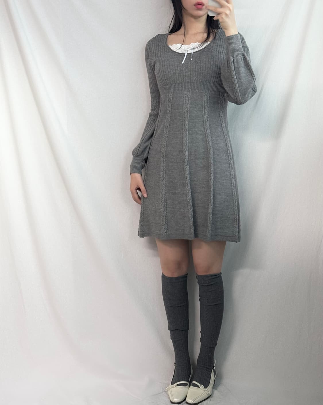 케이블 니트 레이어드 리본 슬리브리스 원피스 2pcs (개별 구매 가능) 상품이미지5