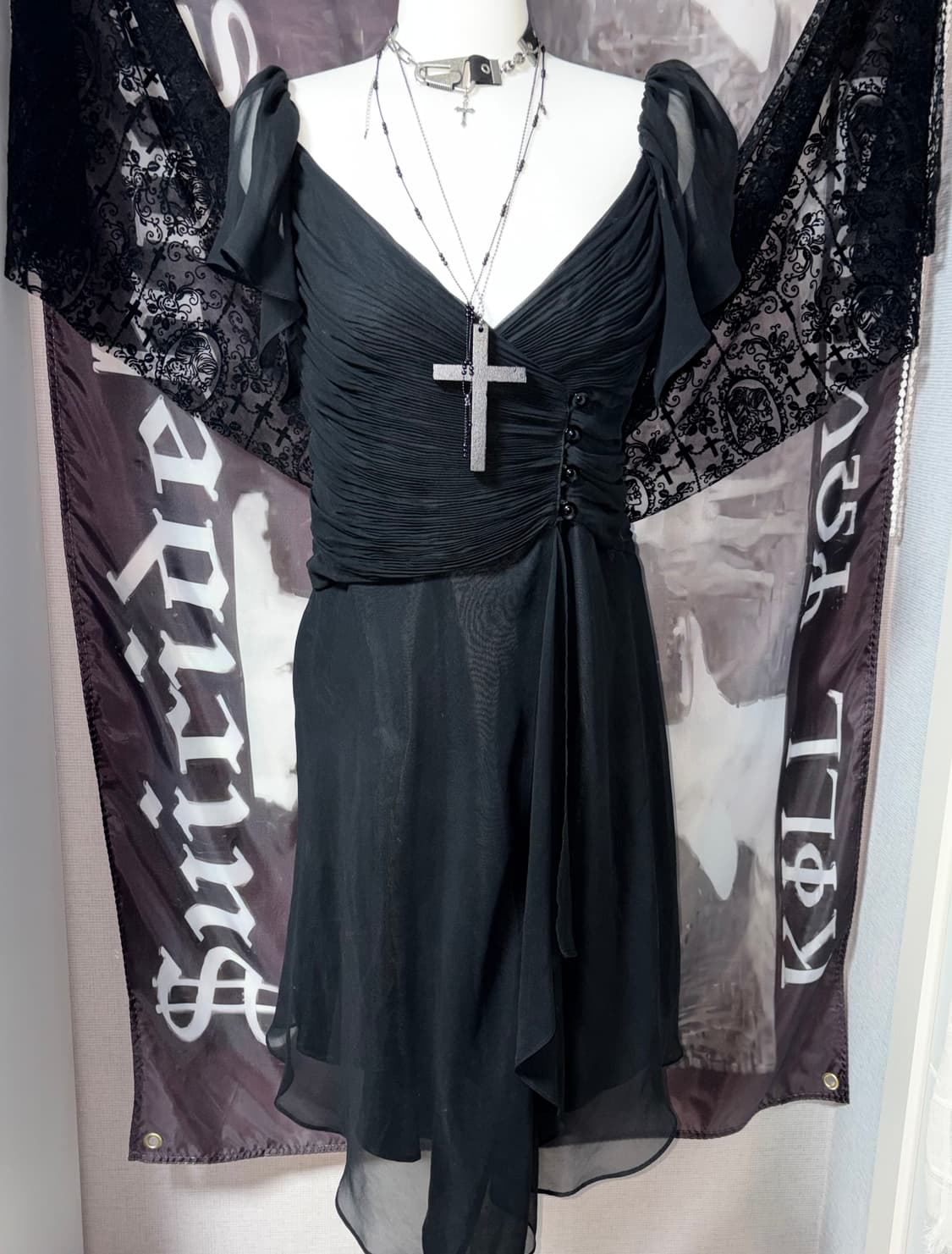 빈티지 언발란스 드레이프 쉬폰 원피스 락시크펑크고스고딕하이엔드오네갸루 상품이미지1