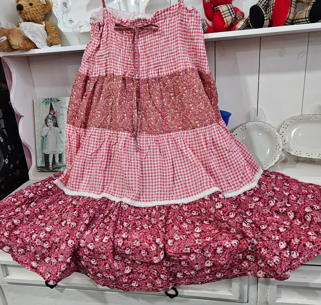 no0327핑크 깅엄 플라워 패치워크 원피스 상품이미지3