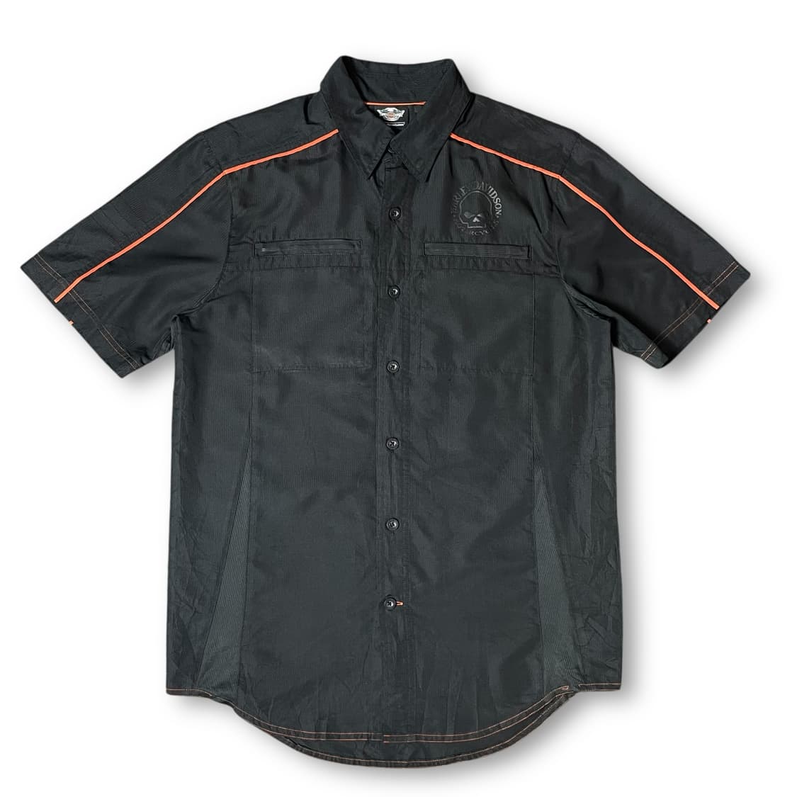 할리데이비슨 블랙 폴리 지퍼 투포켓 오렌지라인 반팔 셔츠 S 상품이미지1