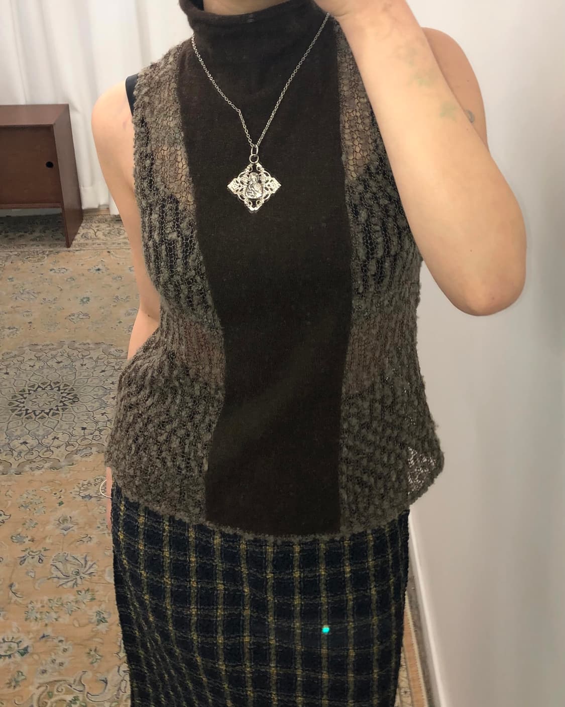 브라운 하이넥 시스루 슬리브리스 상품이미지3