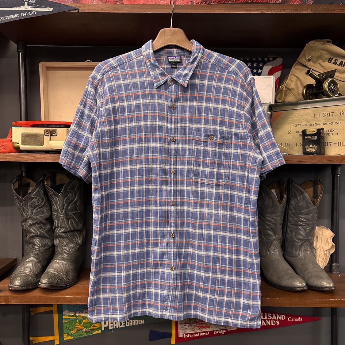 파타고니아 오가닉코튼 오렌지 그리드 마드라스체크 시어서커 셔츠 N1021 상품이미지1