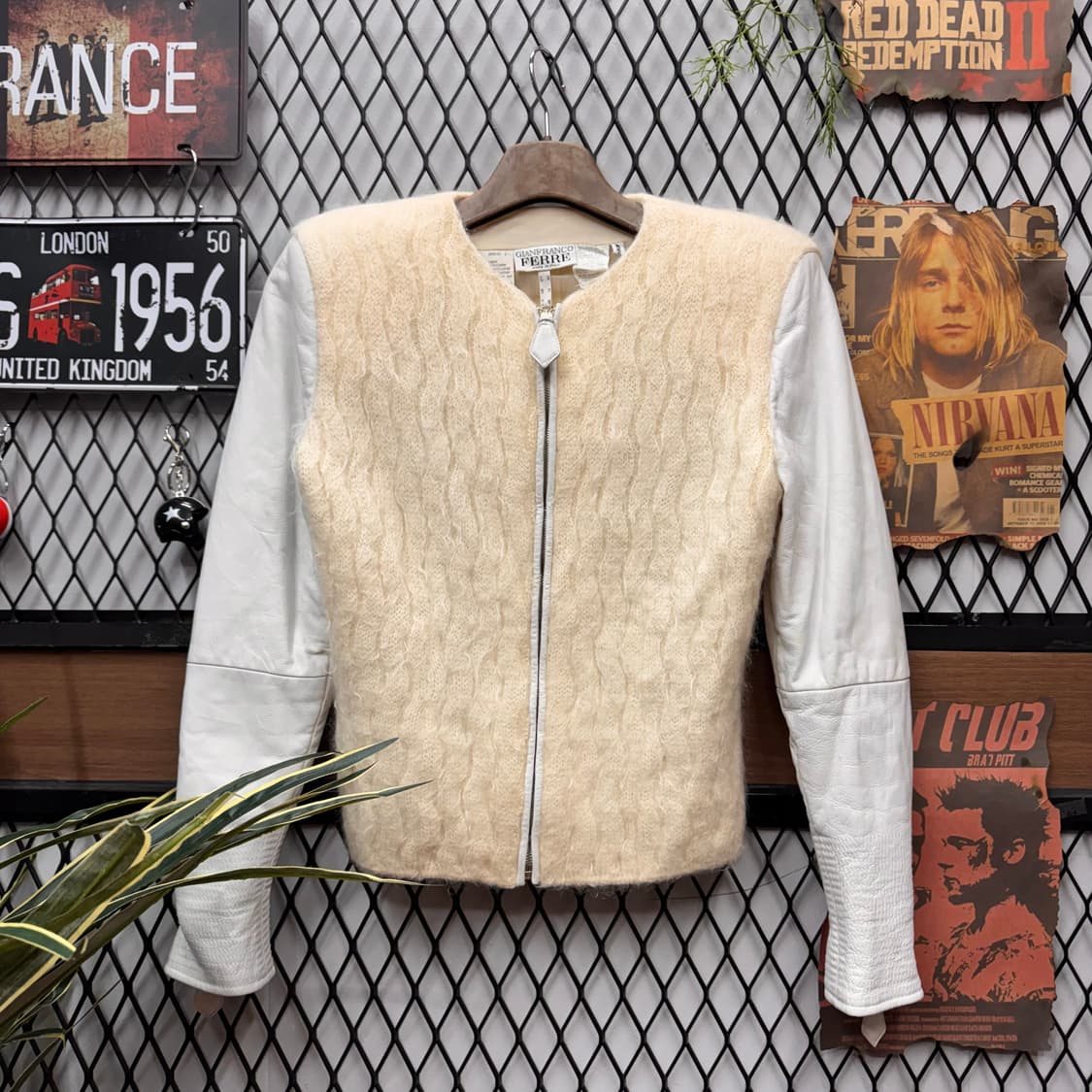 90s 지안프랑코 페레 모헤어 실크 믹스 레더 슬리브 집업 자켓 아이보리 상품이미지1