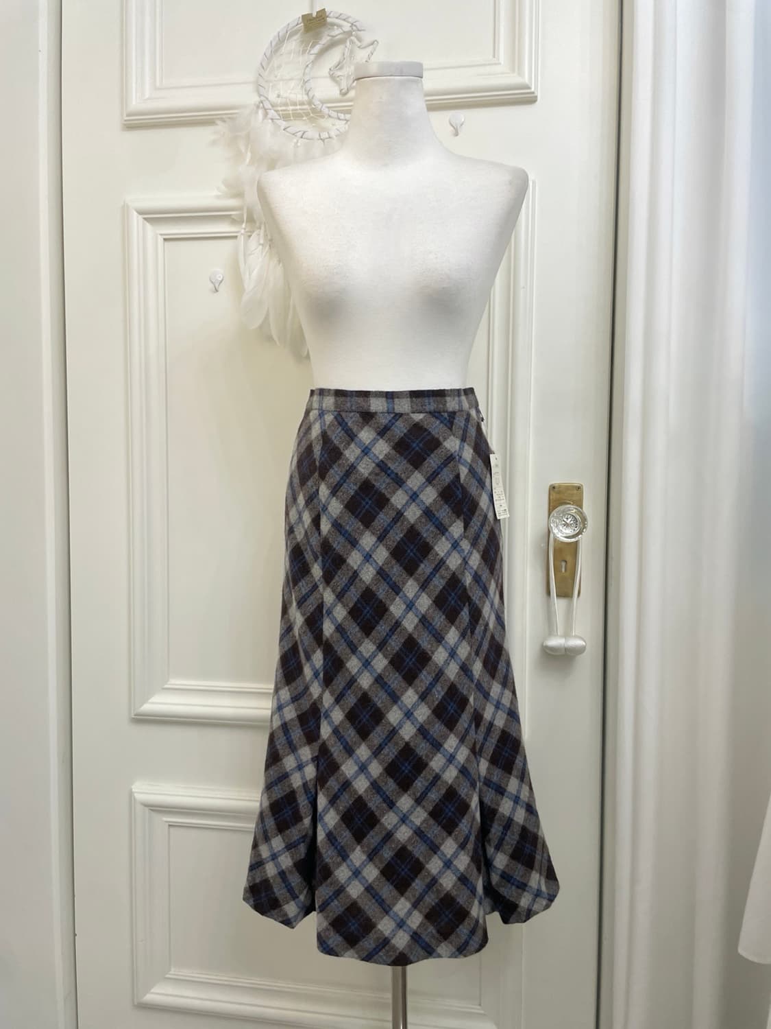 brown blue check wool pleats skirt 상품이미지1