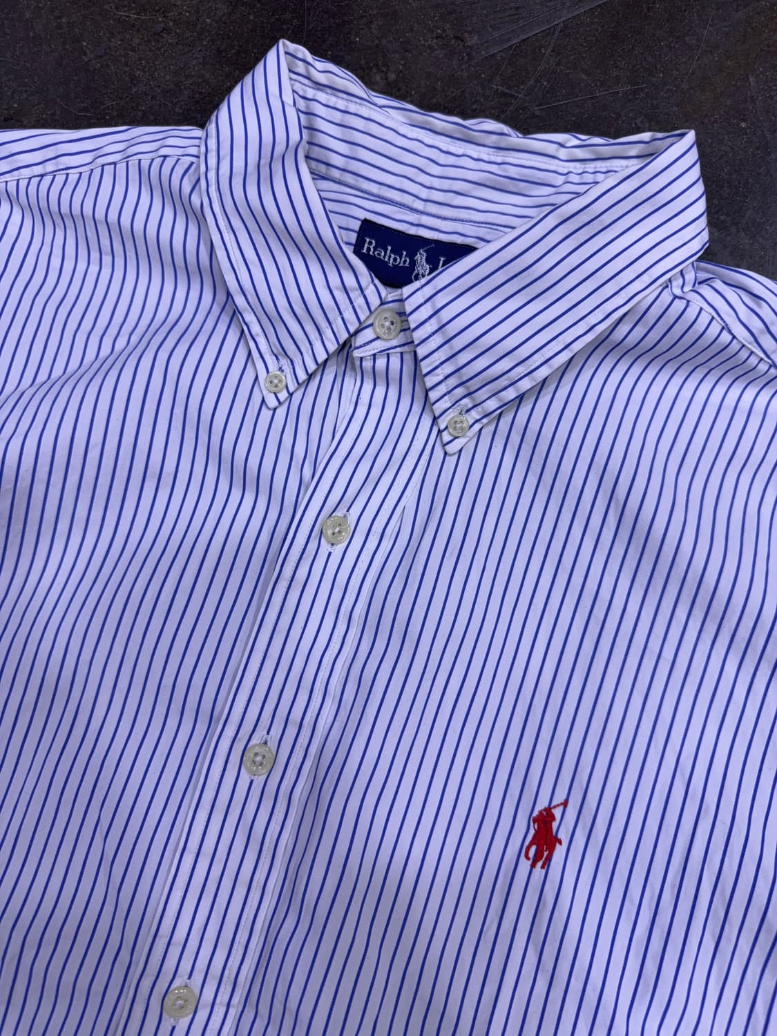 폴로 랄프로렌 스트라이프 반팔 셔츠 커스텀핏 화이트 블루 XXL 상품이미지3