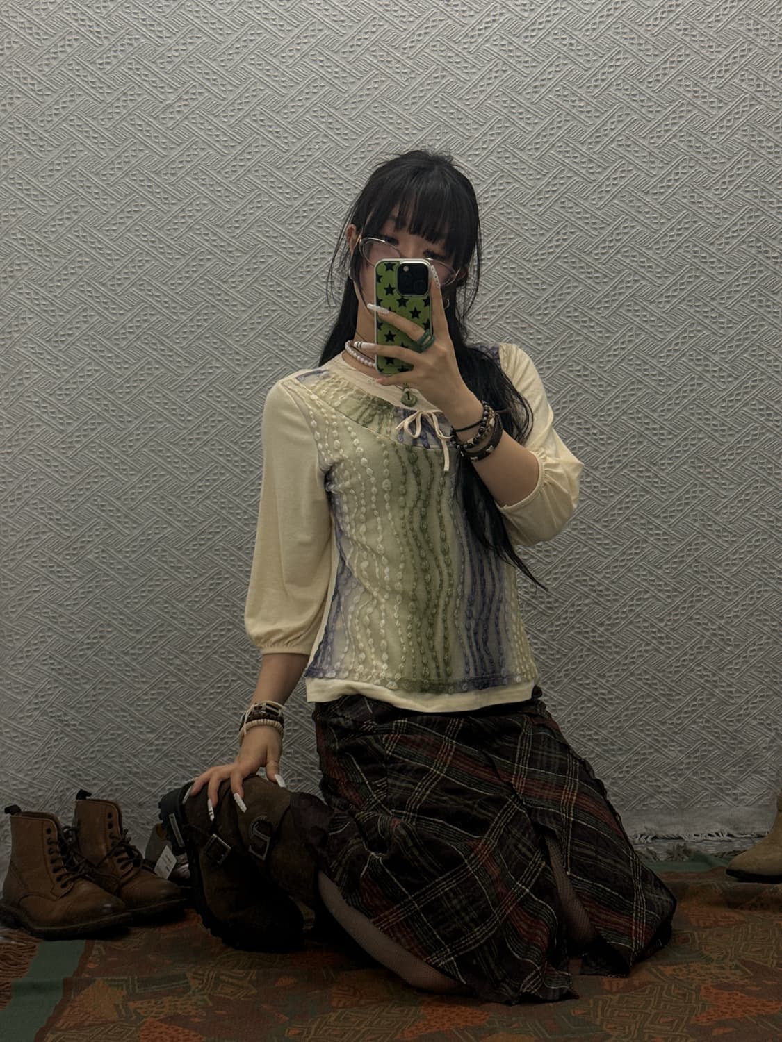 빈티지 모리 핀터걸 펀칭 오리엔탈 뜨개 레이스 7부 반팔티 K0067 상품이미지1