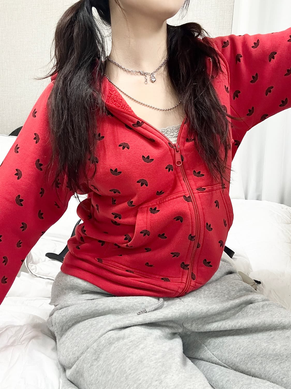 아디다스 패턴로고 레드 후드집업 상품이미지5