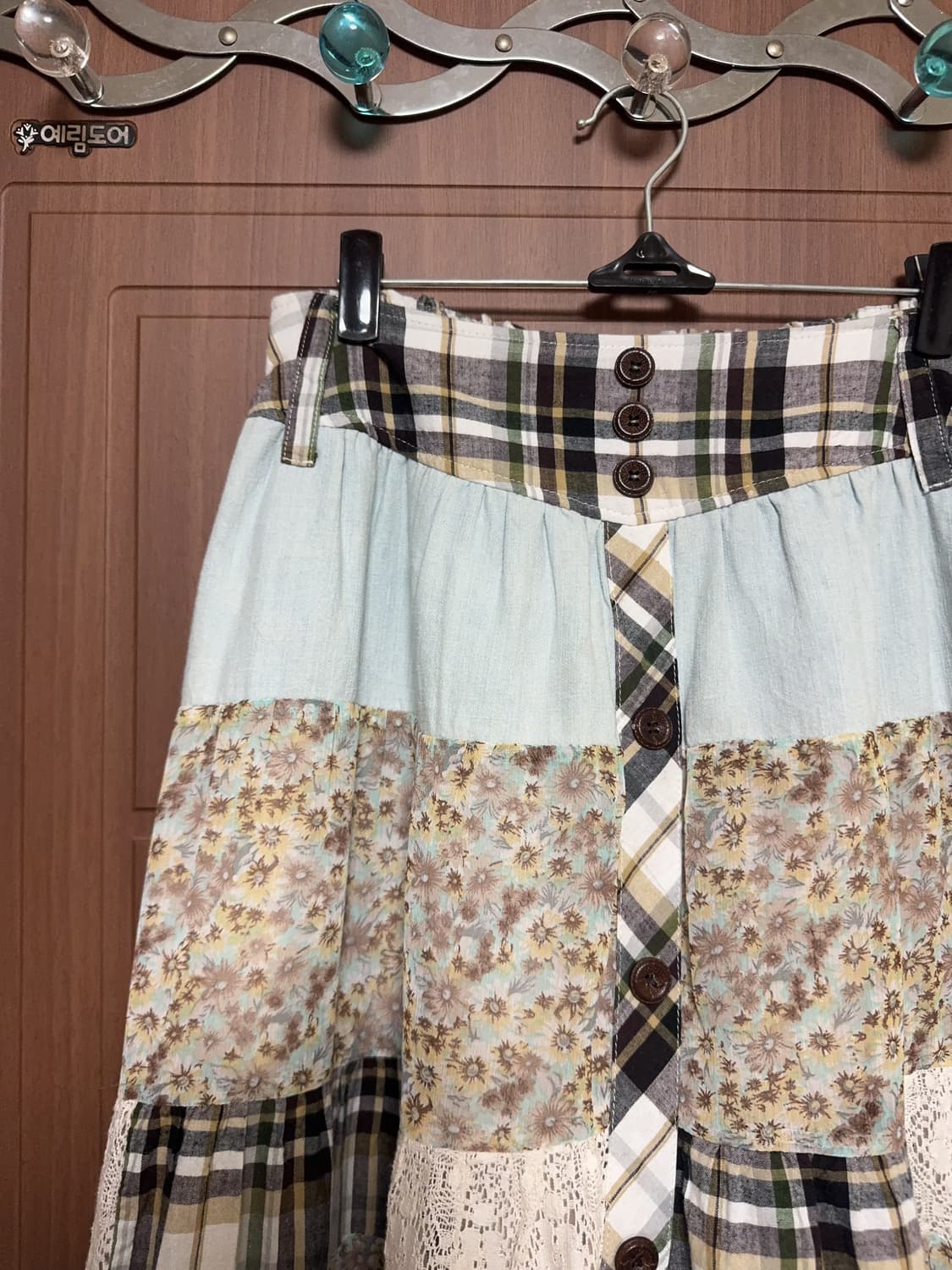 모리걸 하구미 일본 빈티지 체크 레이스 패치워크 롱 스커트 상품이미지2