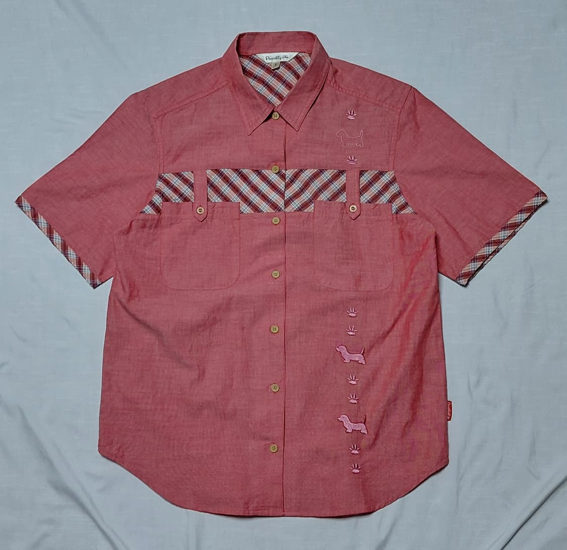 [L] POSSET POT 빈티지 닥스훈트 자수 & 체크 배색 반팔 셔츠 상품이미지1