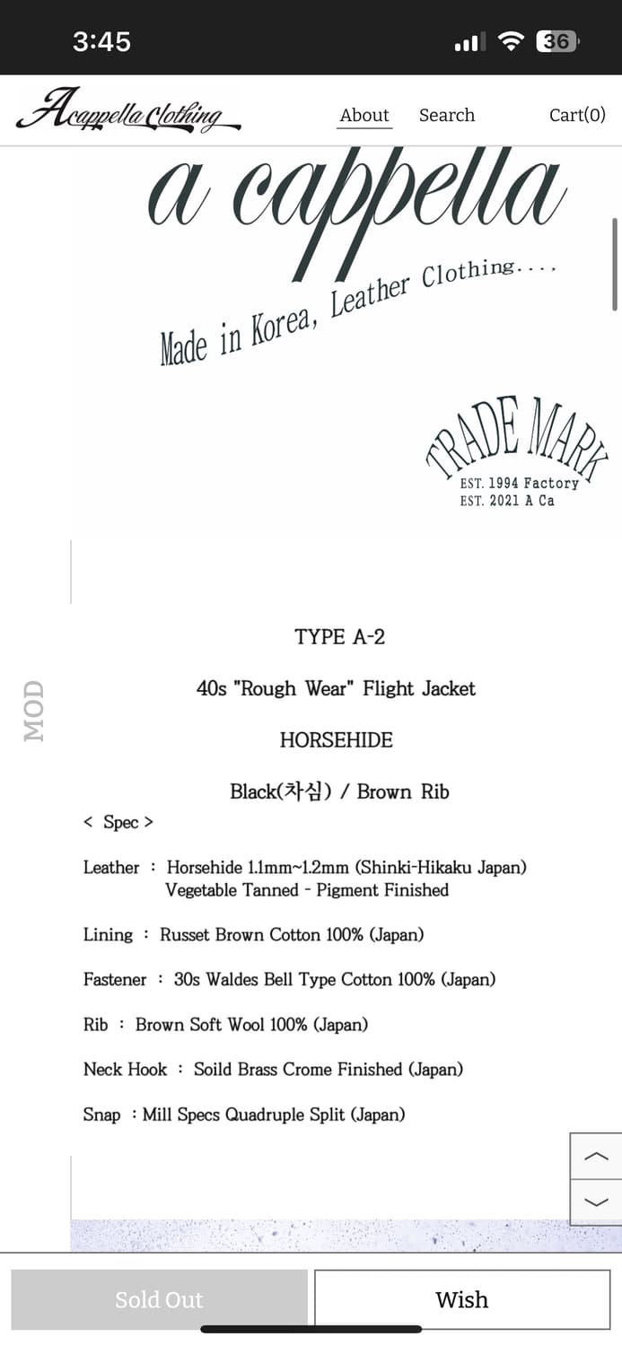 택포80)아카펠라클로딩 Lot.117 A-2자켓 44 신키 홀스하이드 상품이미지7