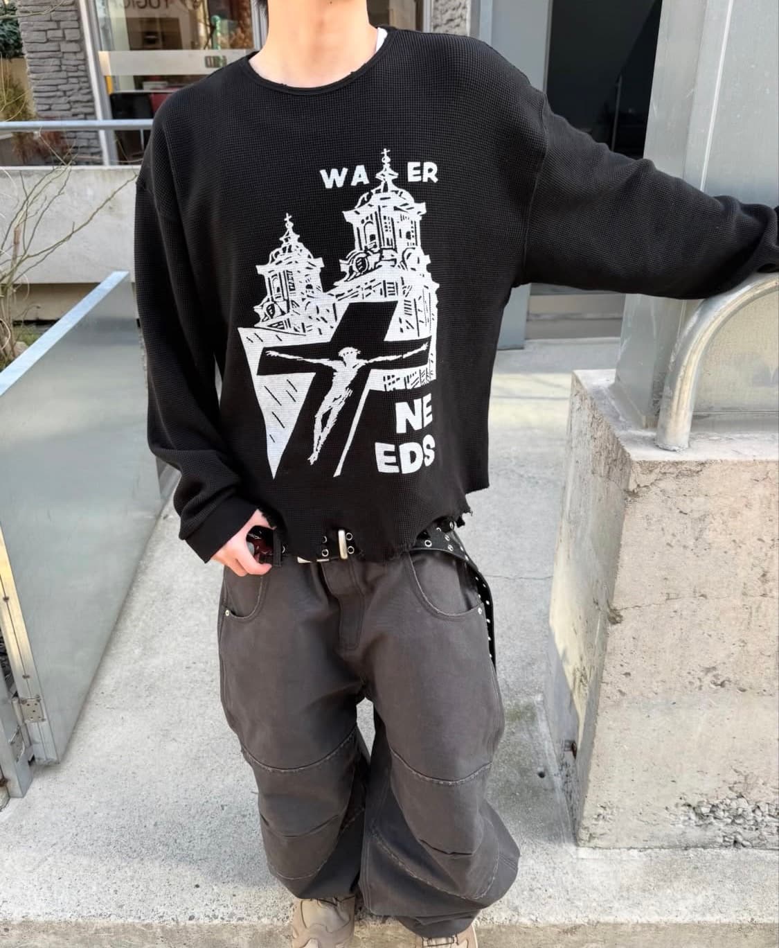 (L) MJD Distressed Waffle LS Black 상품이미지3